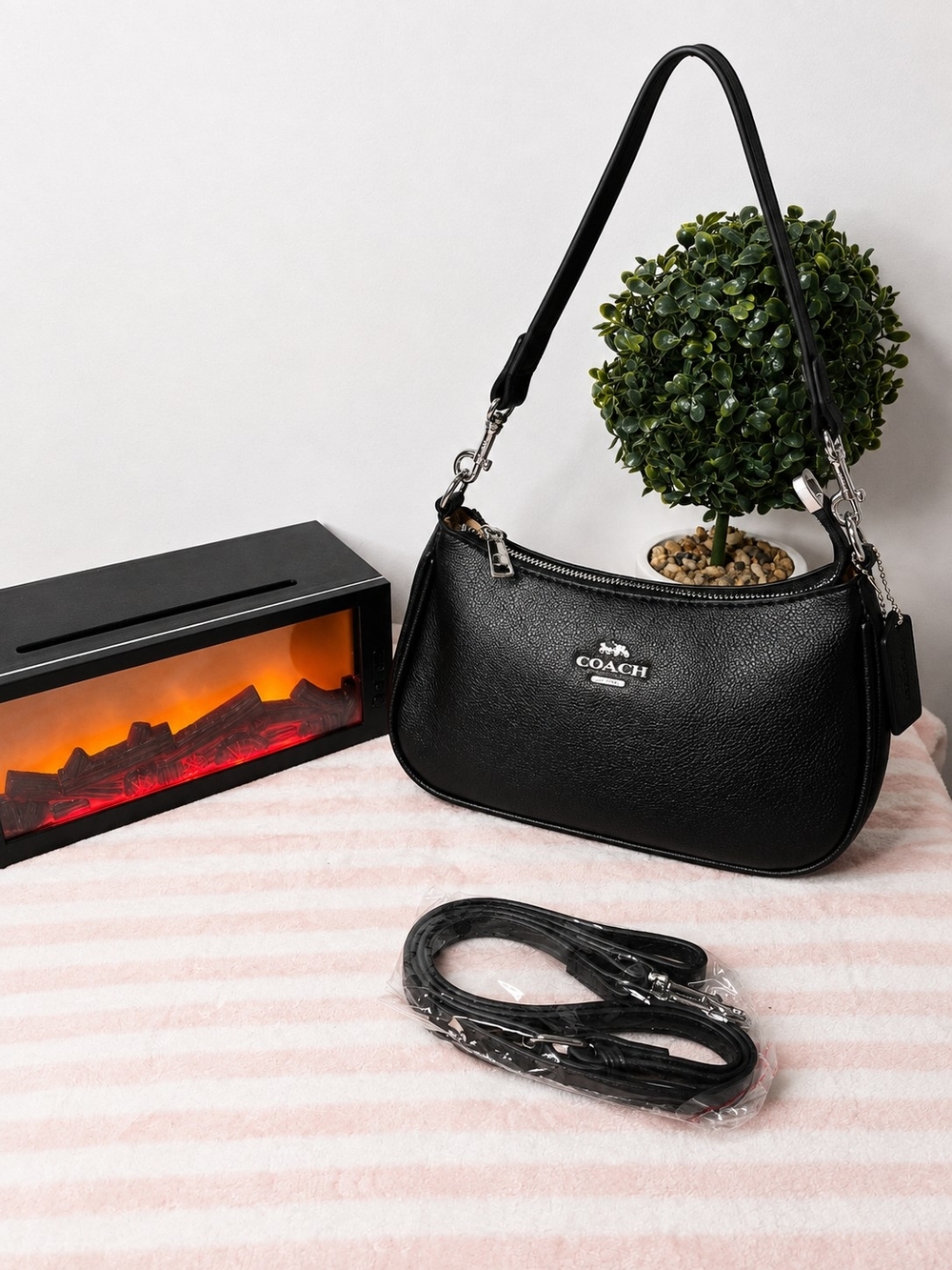 COACH Black Pebbled Leather Shoulder Bag with Silver Hardware